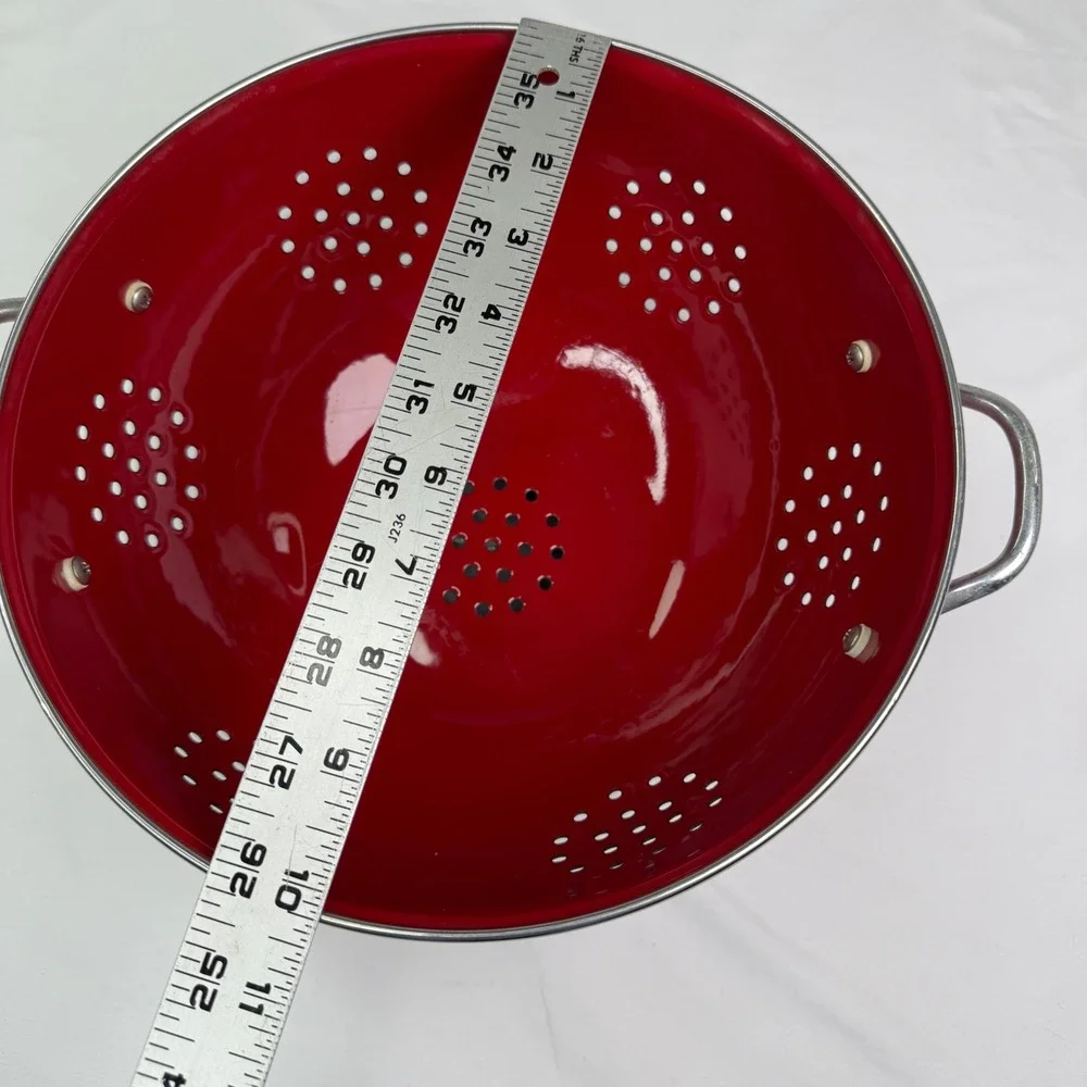 Red Enamel Colander Footed Strainer with Chrome Handles 9.5 Inch Kitchen Decor